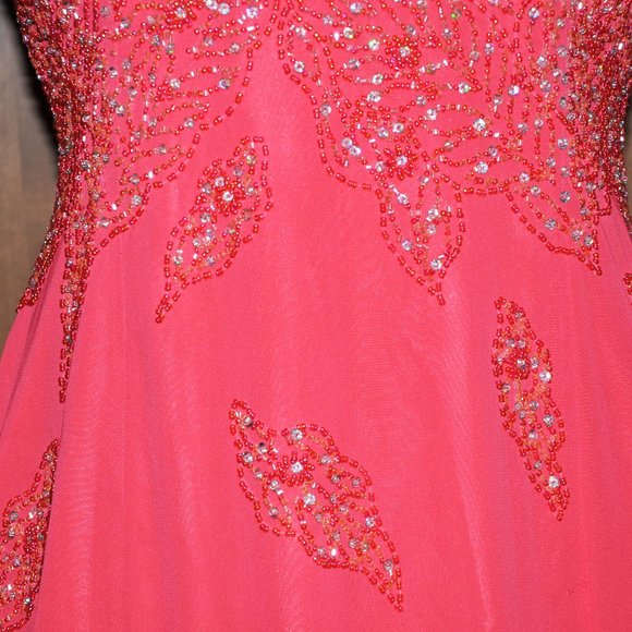 Precious Formals Coral Sequin Beaded Sexy Backless Formal Evening Gown Silk - Picture 3 of 9